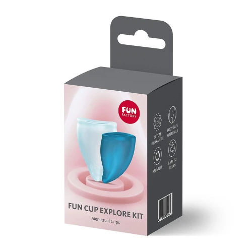 На фото набор менструальных чашей Fun Factory FUN CUP EXPLORE KIT, 2 шт, Multicolored Turquoise, объёмом 20 и 30 мл