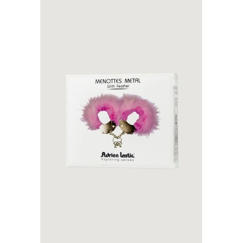 На фото зображено наручники з рожевим хутром Adrien Lastic Handcuffs Pink унісекс на світлому фоні