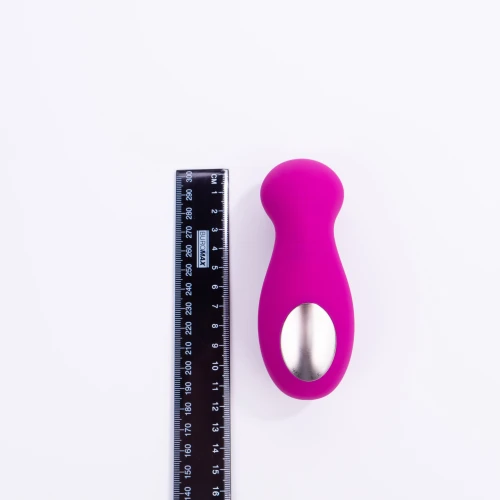 На фото яскраво-рожевий вібратор із срібною вставкою збоку та чорною лінійкою