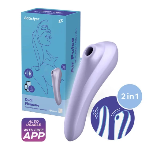 На фото изображен фиолетовый вакуумный стимулятор с вибрацией Satisfyer Dual Pleasure Mauve для женщин на белом фоне.