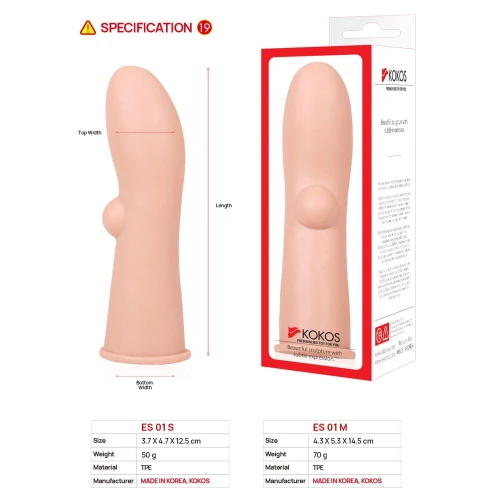 На фото зображено бежеву насадку на член Kokos Extreme Sleeve ES.01 розмір М для чоловіків на білому тлі.