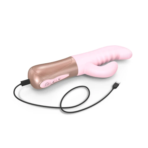 На фото зображено рожевий вібратор-пульсатор із золотистою ручкою Love To Love SASSY BUNNY - BABY PINK для жінок на білому тлі.