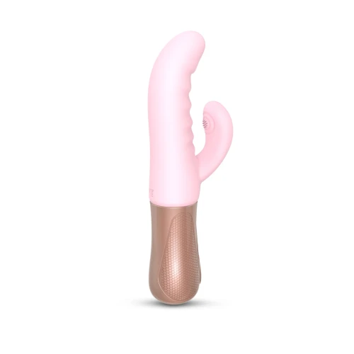 На фото зображено рожевий вібратор-пульсатор із золотистою ручкою Love To Love SASSY BUNNY - BABY PINK для жінок на білому тлі.