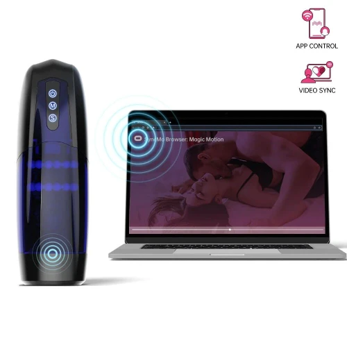 На фото изображен темный смарт мастурбатор Magic Motion Xone для мужчин на светлом фоне