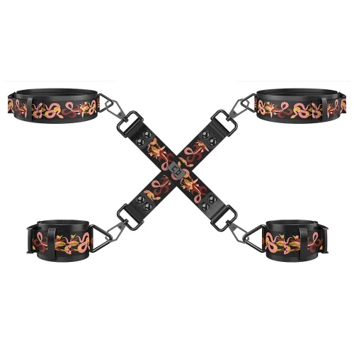 На фото зображено чорний БДСМ набір із візерунками LOCKINK The Flowering Serpent - Bondage Set унісекс на світлому фоні