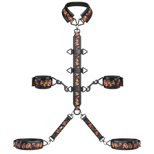 На фото зображено чорний БДСМ набір із візерунками LOCKINK The Flowering Serpent - Bondage Set унісекс на світлому фоні