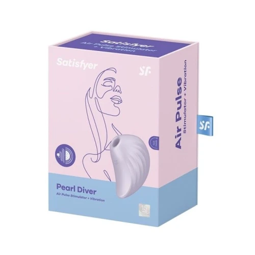 На фото изображен фиолетовый вакуумный вибратор в форме ракушки Satisfyer Pearl Diver Violet для женщин на белом фоне.