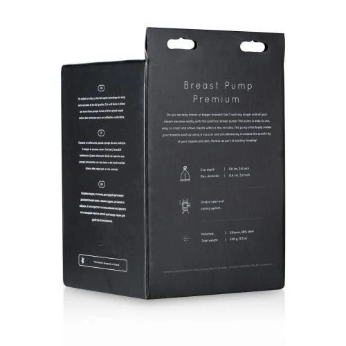 На фото изображена черная коробка ручной вакуумной помпы для груди SAIZ - Breast Pump Premium для женщин на белом фоне.