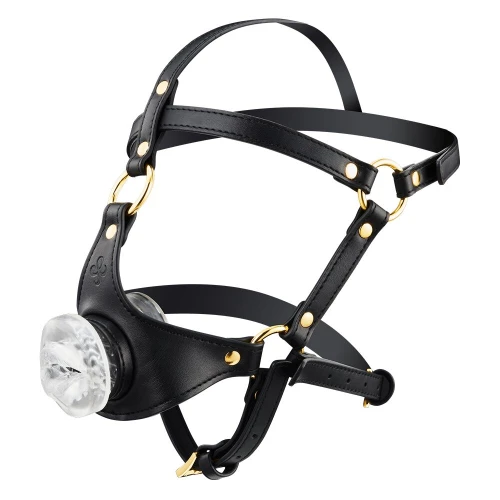 На фото зображено чорну маску збрую для орального сексу LOCKINK SEVANDA Blowjob Head Harness унісекс на світлому тлі