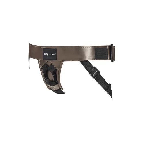 На фото изображены черные трусы для страпона Strap-On-Me Leatherette HARNESS DESIROUS для пар на светлом фоне