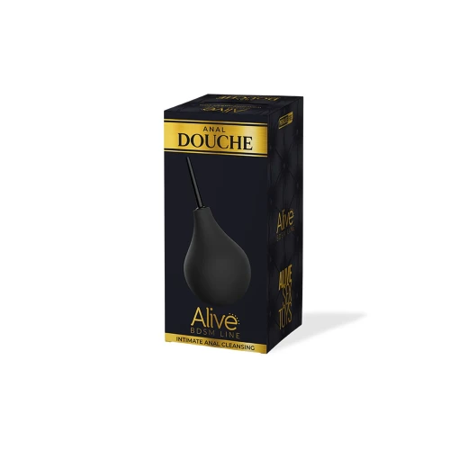 На фото зображено чорну коробку чорної спринцівки Alive ANAL DOUCHE М унісекс на білому тлі.