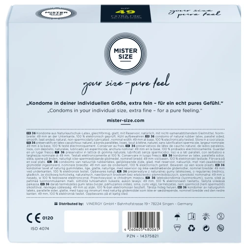 На фото изображена серо-черная упаковка презервативов Mister Size 49 (36 pcs) для мужчин на белом фоне.
