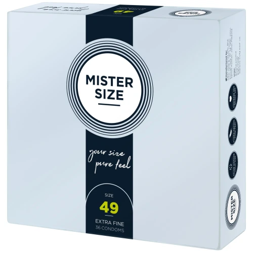 На фото изображена серо-черная упаковка презервативов Mister Size 49 (36 pcs) для мужчин на белом фоне.