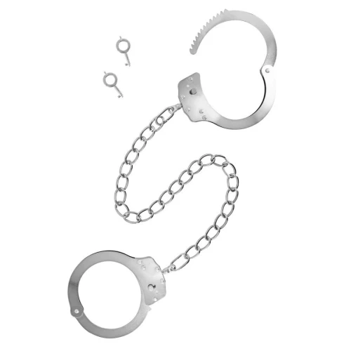 На фото изображены металлические поножи Fetish Tentation Adjustable metal ankle cuffs унисекс на светлом фоне