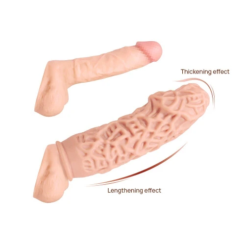 На фото зображено бежеву насадку на член з рельєфом Kokos Extreme Sleeve ES.12 М для пар на білому тлі.