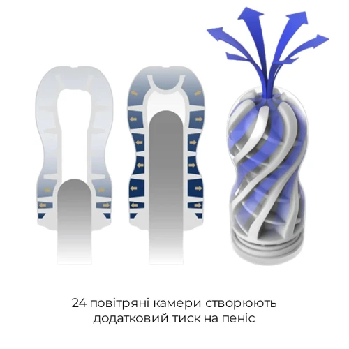 На фото зображено прозорий мастурбатор Tenga Premium Air Flow Cup для чоловіків на світлому фоні.