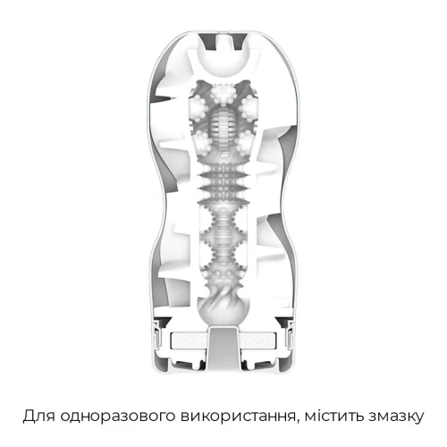 На фото зображено прозорий мастурбатор Tenga Premium Air Flow Cup для чоловіків на світлому фоні.