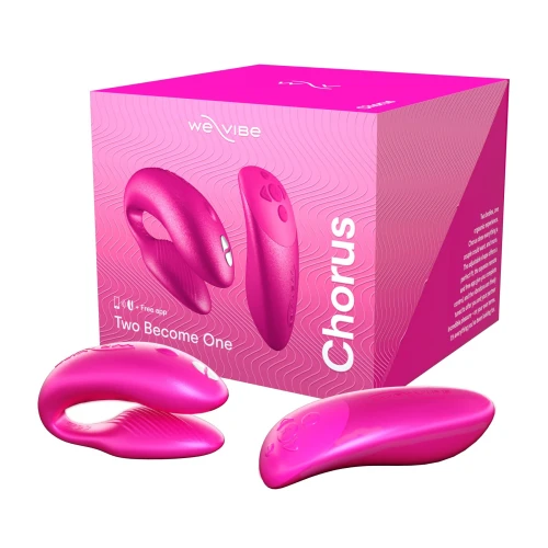 На фото изображен розовый сенсорный смарт-вибратор We-Vibe Chorus Cosmic Pink для пар на белом фоне.