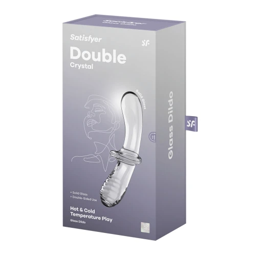 На фото зображено прозорий скляний подвійний дилдо Satisfyer Double Crystal унісекс на білому тлі.