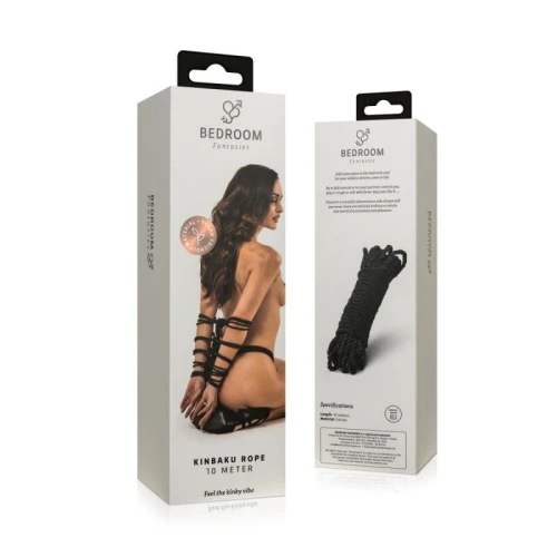 На фото зображено чорну мотузку для шибарі Bedroom Fantasies Kinbaku Rope (10 м) унісекс на білому тлі