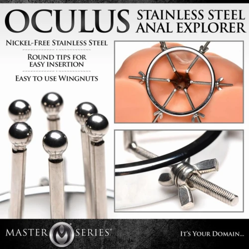На фото изображен серебристый анальный расширитель Master Series Oculus Stainless Steel Anal Explorer унисекс на светлом фоне