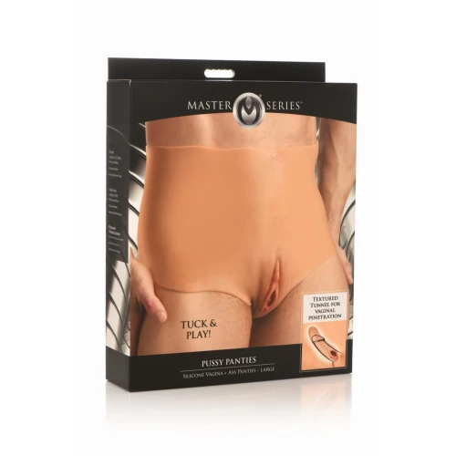 На фото изображена бежевая накладная вагина Master Series Silicone Vagina + Butt Panties - Large для пар на белом фоне.