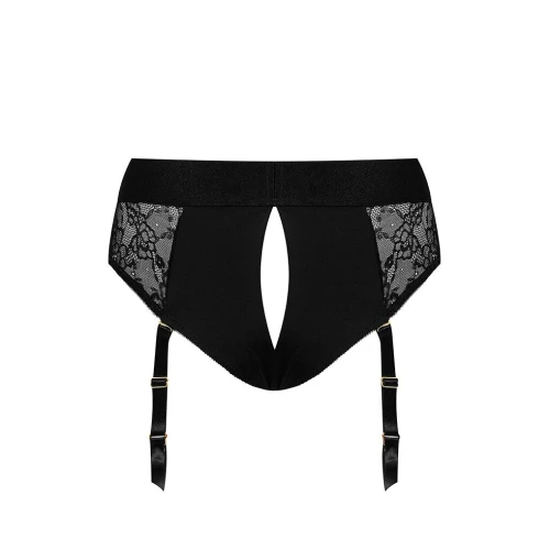 На фото изображены черные кружевные трусики для страпона Strap-On-Me DIVA HARNESS для пар на светлом фоне