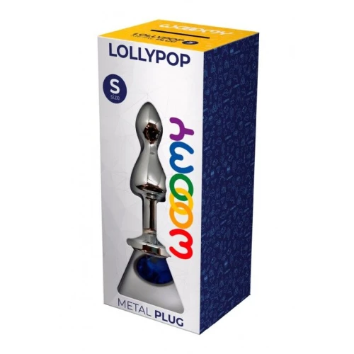 На фото изображена анальная пробка с синим камнем Wooomy Lollypop Double Ball Metal Plug Blue S унисекс на светлом фоне