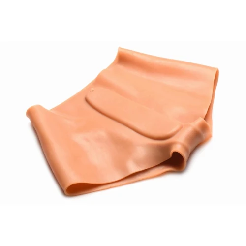 На фото изображена бежевая накладная вагина Master Series Silicone Vagina + Butt Panties - Medium для пар на белом фоне.