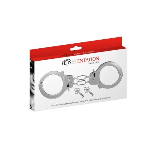 На фото изображены металлические наручники Fetish Tentation Soft adjustable metal wrist cuffs унисекс на светлом фоне