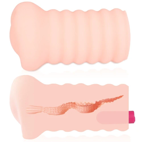 На фото изображен бежевый вибро мастурбатор-вагина девстенница Kokos Lady Vibe для мужчин на светлом фоне