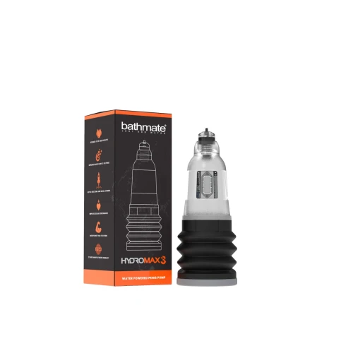 На фото зображено напівпрозору гідропомпу для члена Bathmate Hydromax 3 Clear для чоловіків на білому тлі.