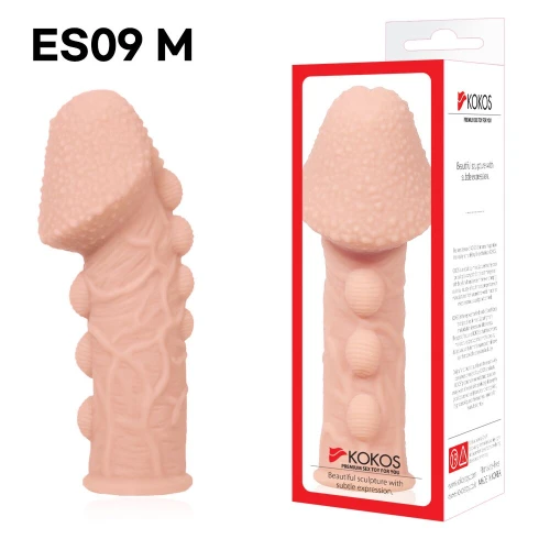 На фото зображено бежеву насадку на член Kokos Extreme Sleeve ES.09 розміру М для пар на білому тлі.