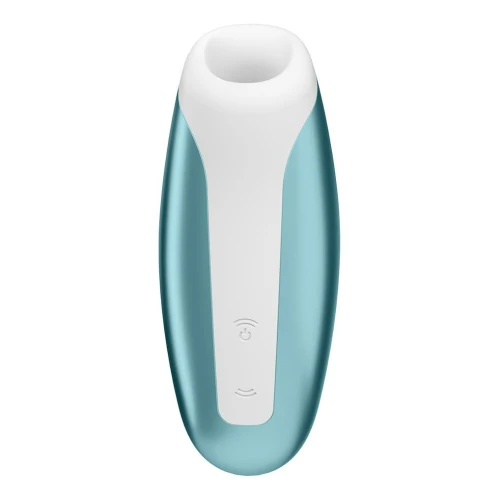 На фото зображено синій міні вакуумний стимулятор Satisfyer Love Breeze Ice Blue для жінок на білому тлі.