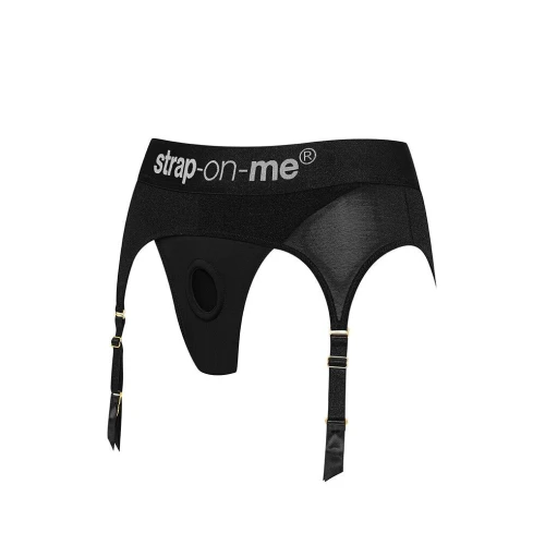 На фото изображены черные трусики для страпона с подвязками для чулков Strap-On-Me REBEL HARNESS - S для пар на светлом фоне