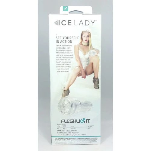 На фото зображено білу коробку мастурбатора Fleshlight Ice Lady Crystal для чоловіків на світлому тлі
