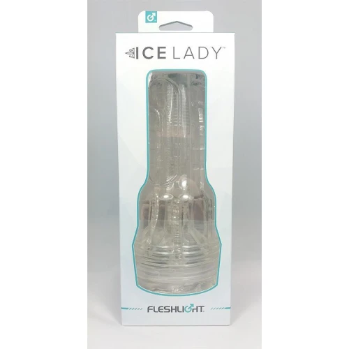 На фото зображено білу коробку мастурбатора Fleshlight Ice Lady Crystal для чоловіків на світлому тлі