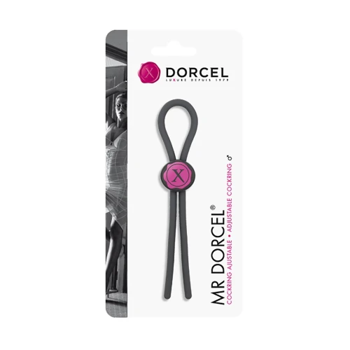 На фото изображено черное эрекционное кольцо лассо Mr.Dorcel на белом фоне