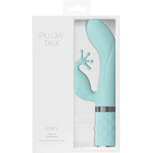 Pillow Talk Kinky Teal — голубий вібратор-кролик з короноподібним гнучким відростком у білій коробці.