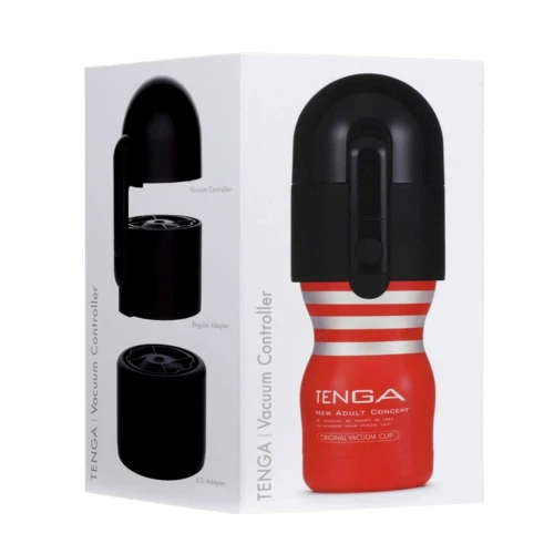 На фото зображено чорну вакуумну насадку Tenga Vacuum Controller для чоловіків на світлому тлі.