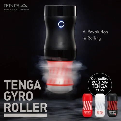 На фото зображено червоно-чорний мастурбатор Tenga Rolling Tenga Gyro Roller Cup Strong на чорному фоні для чоловіків