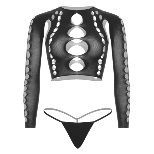 Leg Avenue Long sleeve crop top & string Black One Size - Комплект эротического белья