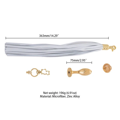 На фото зображена металева золота пробка з хвостом поні LOCKINK SEVANDA White Pony-Tail,Anal Pear-shape Plug унісекс на білому тлі