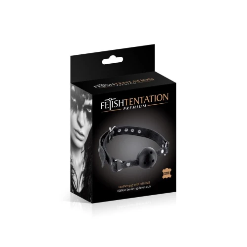 На фото изображен черный кляп Fetish Tentation Premium Leather gag with stiff ball унисекс в коробке на белом фоне