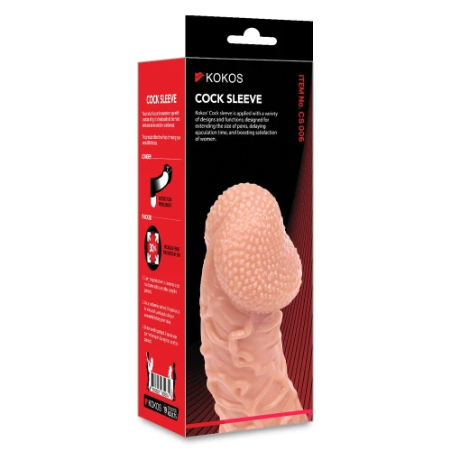 На фото зображено бежеву рельєфну насадку на член Kokos Cock Sleeve CS 006 L для пар на білому тлі.