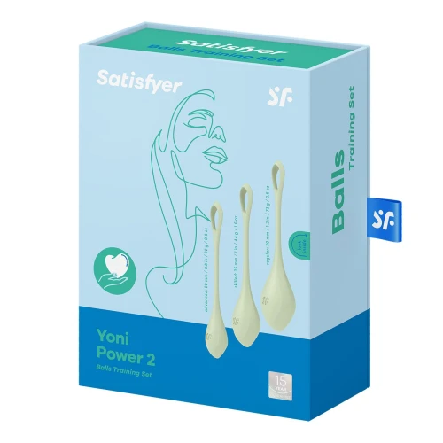 На фото зображено світло-зелений набір вагінальних кульок Satisfyer Yoni Power 2 Light Green для жінок на білому тлі.