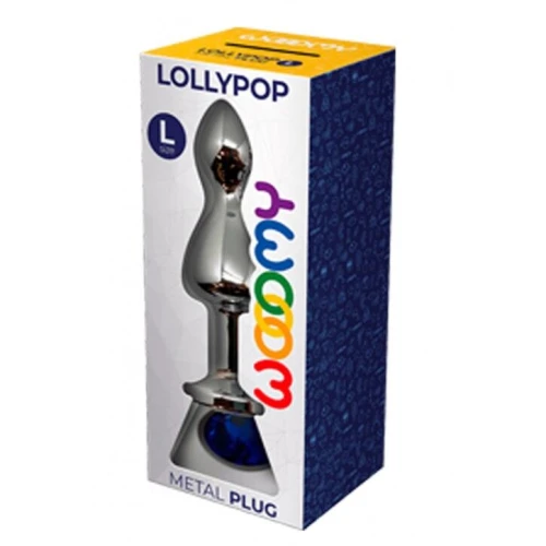 На фото изображена анальная пробка с синим камнем Wooomy Lollypop Double Ball Metal Plug Blue L унисекс на светлом фоне