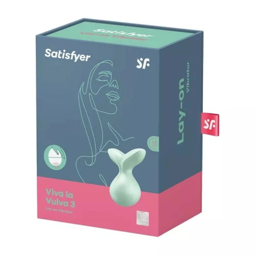 На фото зображено м'ятний вібратор для клітора Satisfyer Viva la Vulva 3 Mint для жінок на білому тлі.