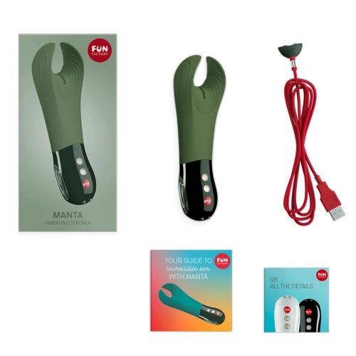 На фото зображено чорно-оливковий вібратор для пеніса Fun Factory MANTA для чоловіків на білому тлі.