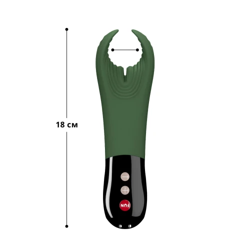 На фото зображено чорно-оливковий вібратор для пеніса Fun Factory MANTA для чоловіків на білому тлі.